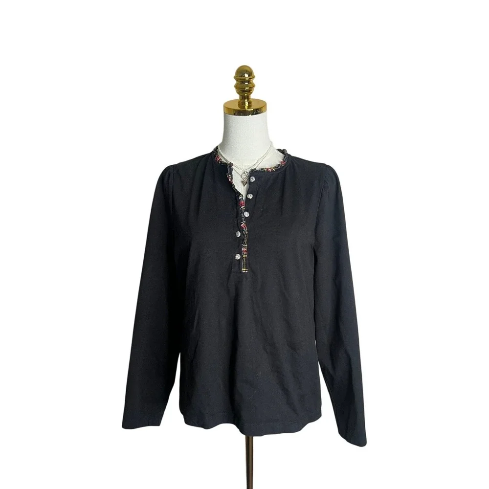 J. Crew‎ Womens Black Cotton Henley Top Plaid Ruffle Trim Rhinestone Buttons L